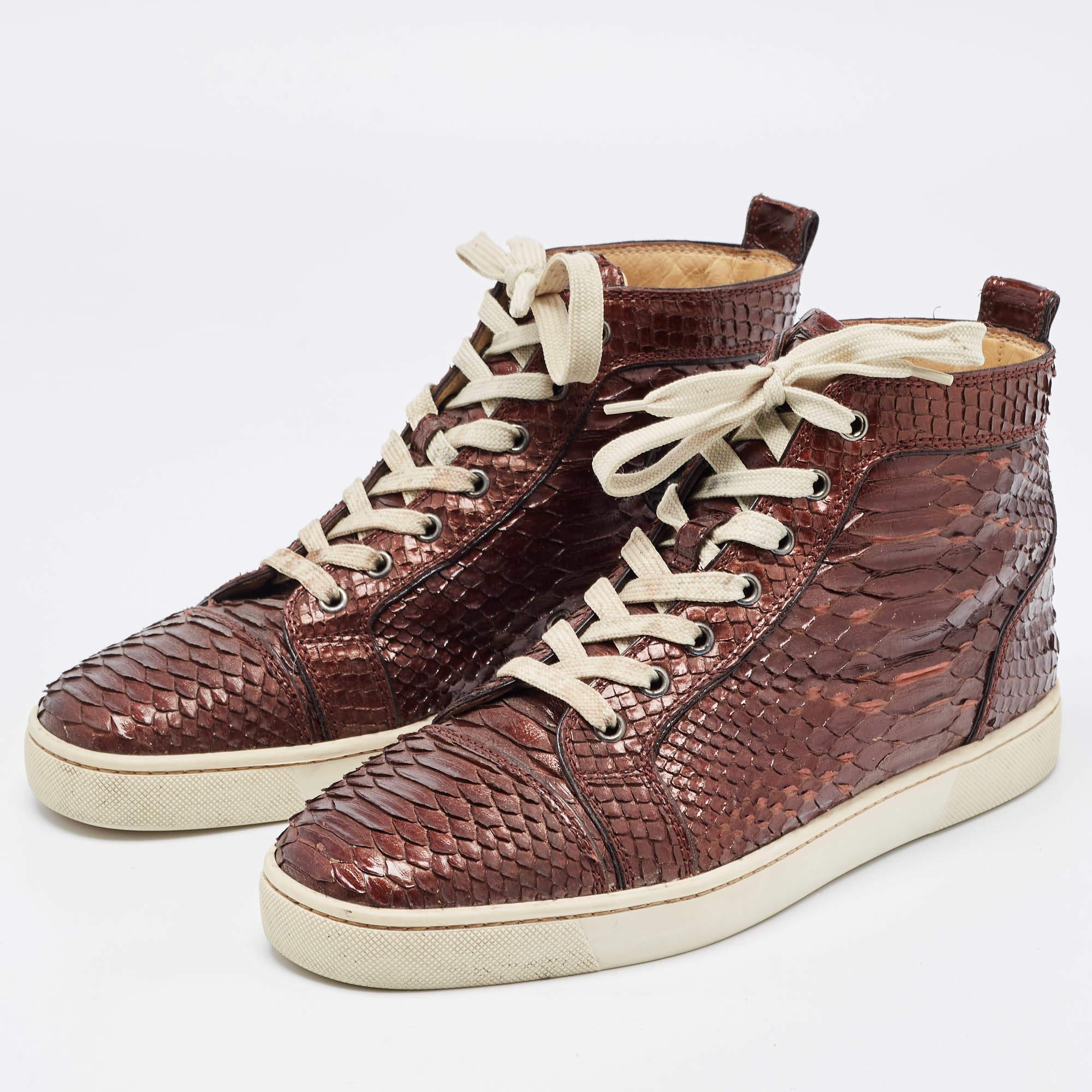 Women's Christian Louboutin Brown Python Louis High Top Sneakers Size 42 For Sale