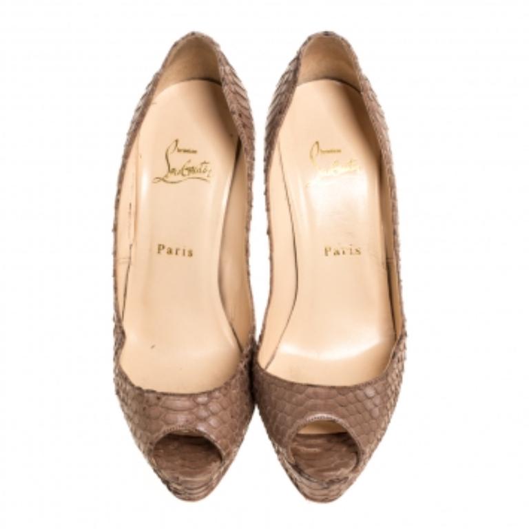 Women's Christian Louboutin Brown Python Peep Toe Platform Pumps Size 38.5 For Sale
