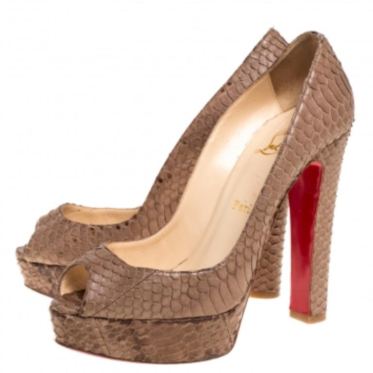 Christian Louboutin Brown Python Peep Toe Platform Pumps Size 38.5 For Sale 3