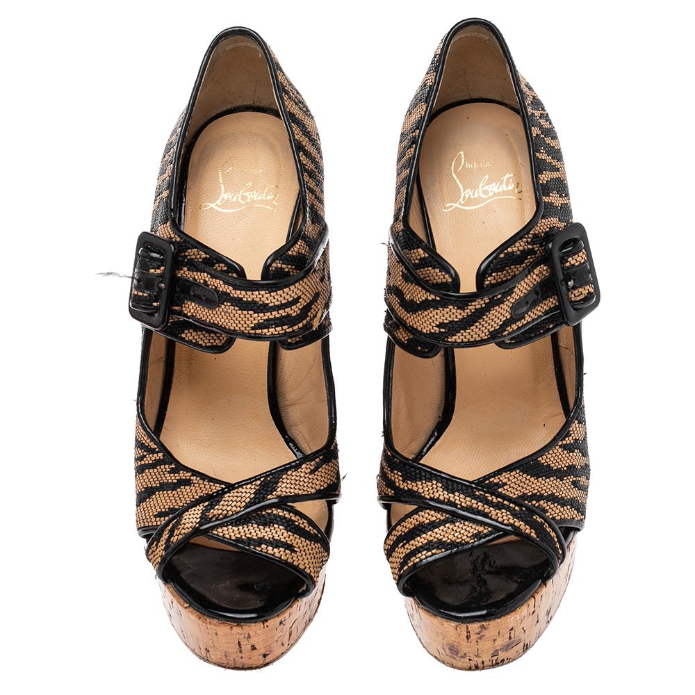Christian Louboutin Brown Raffia Tiger Melides Wedge Sandals Size 38.5 For Sale 3