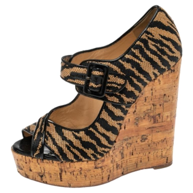 Christian Louboutin Brown Raffia Tiger Melides Wedge Sandals Size 38.5
