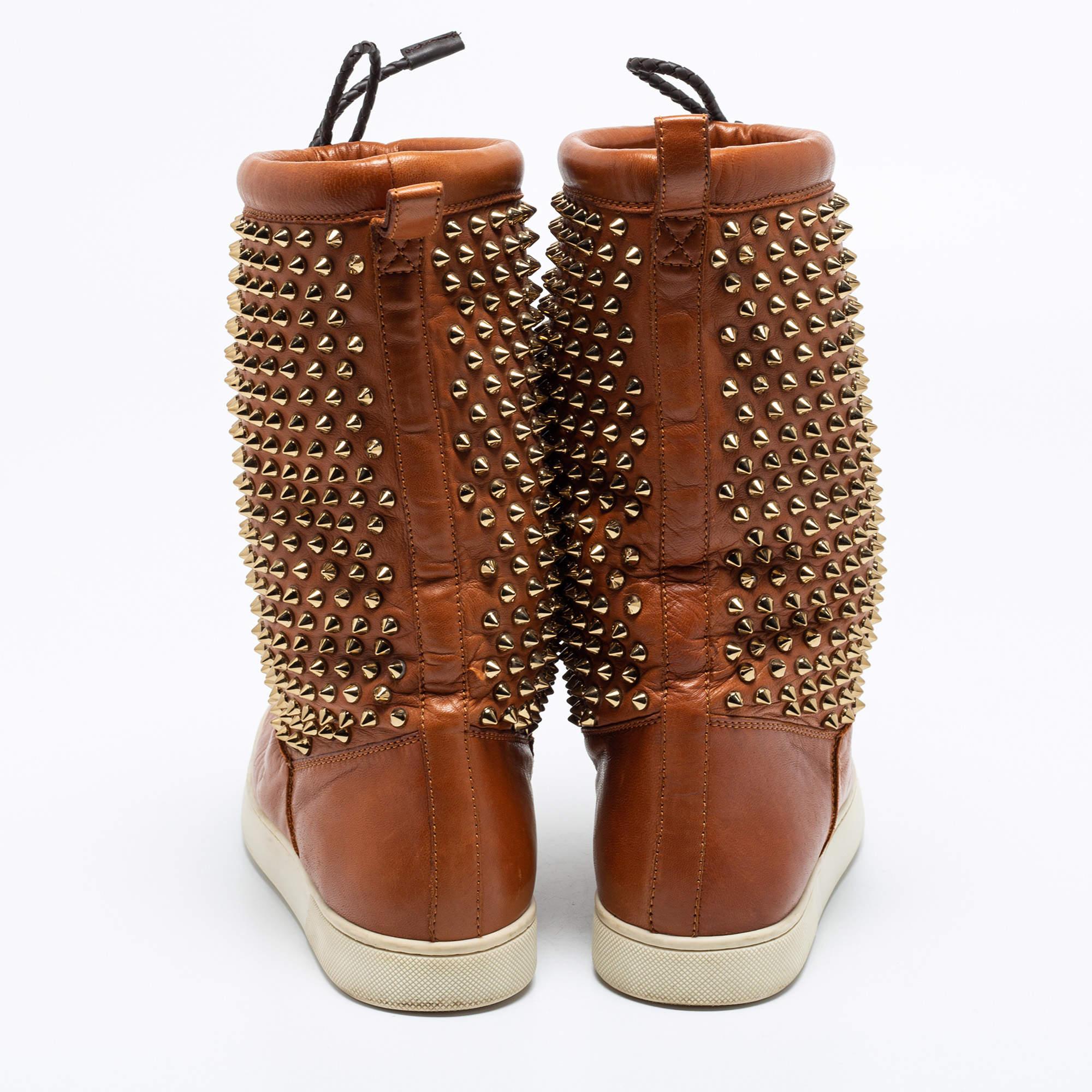 Christian Louboutin Brown Spiked Leather Surlapony Mid Calf Boots Size 38.5 For Sale 2