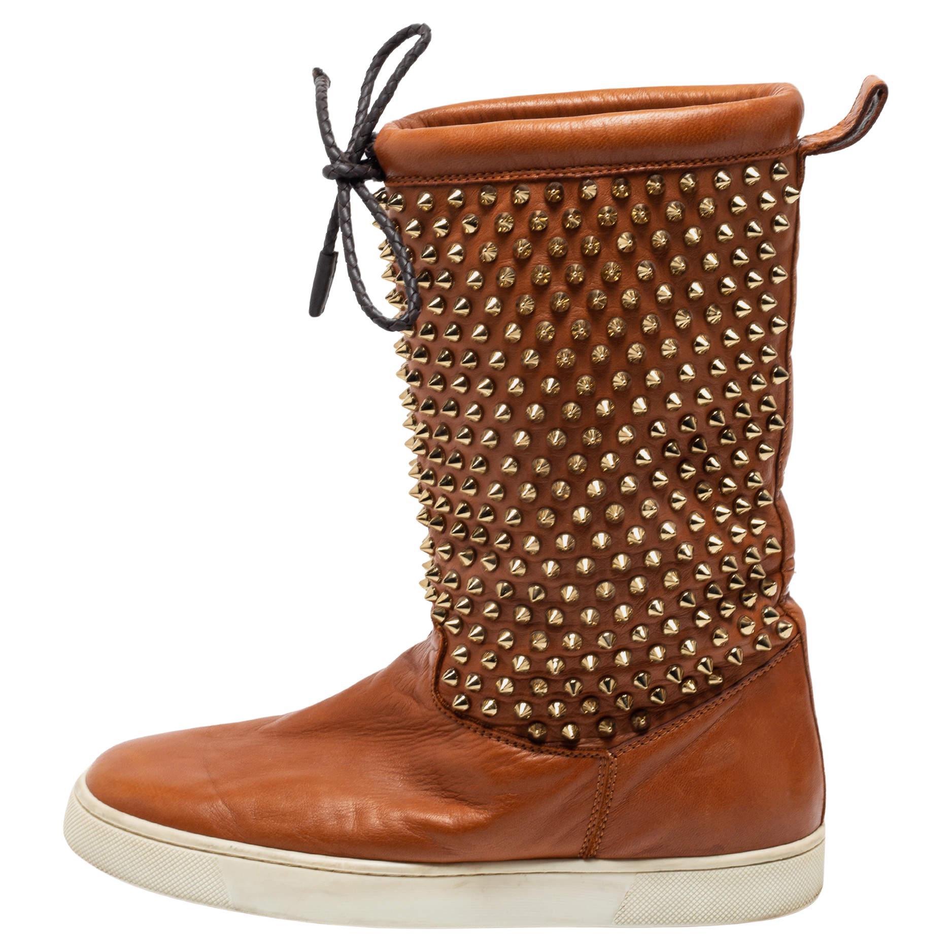 Christian Louboutin Brown Spiked Leather Surlapony Mid Calf Boots Size 38.5 For Sale