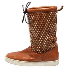 Christian Louboutin Brown Spiked Leder Surlapony Mid Calf Stiefel Größe 38.5