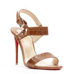 CHRISTIAN LOUBOUTIN brown stamped mock croc ankle buckle sandals EU37
