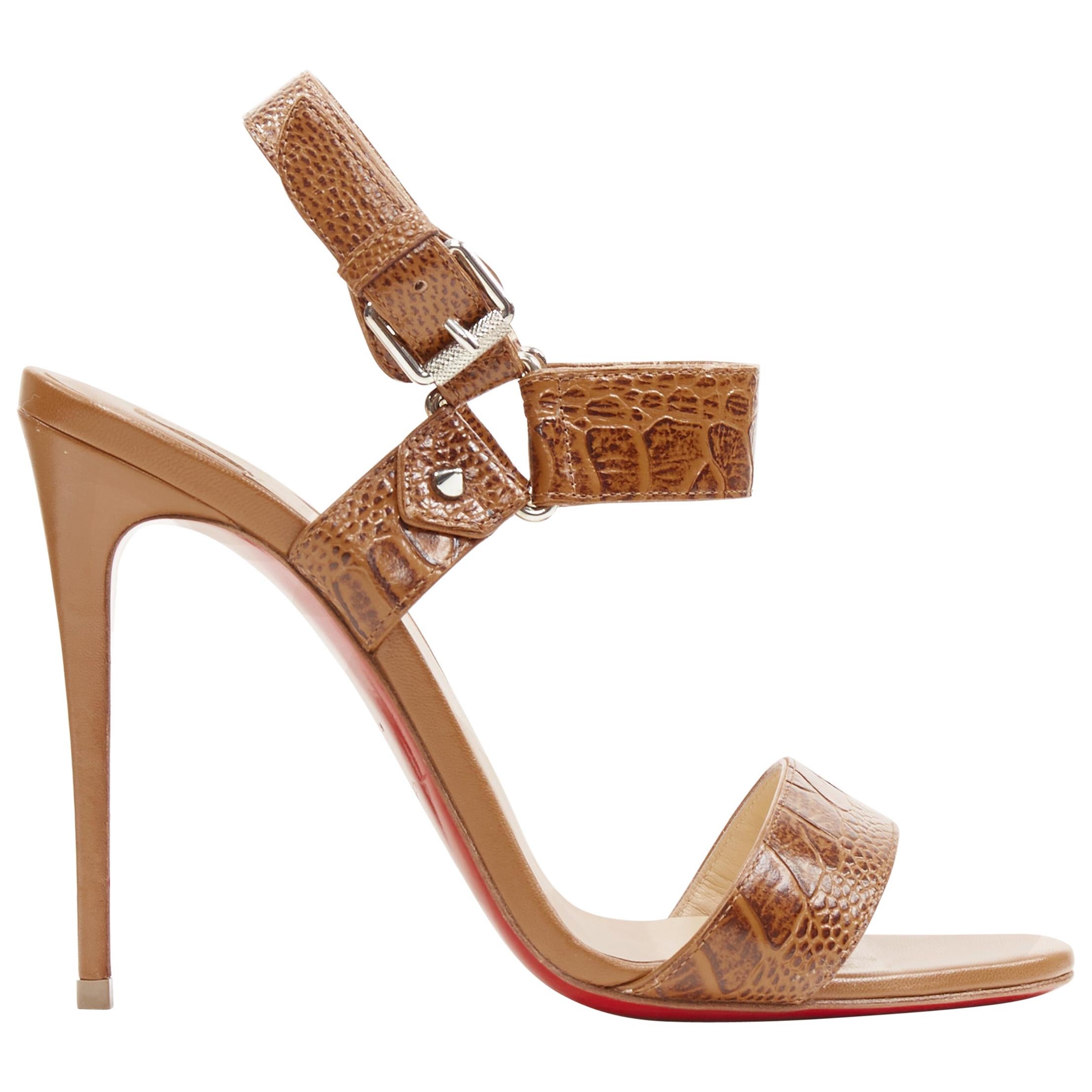 CHRISTIAN LOUBOUTIN brown stamped mock croc ankle buckle sandals EU37