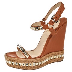Used Christian Louboutin Brown Studded Cataclou Wedge Platform Sandals Size 40
