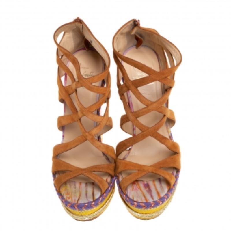 Christian Louboutin Brown Suede Caged Espadrille Tosca Wedge Sandals Size 39 In Good Condition For Sale In Dubai, Al Qouz 2
