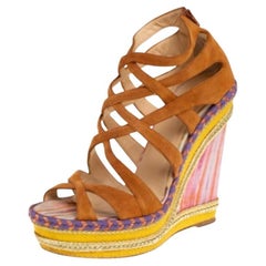 Christian Louboutin Brown Suede Caged Espadrille Tosca Wedge Sandals Size 39