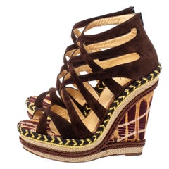 Christian Louboutin Brown Suede Caged Espadrille  Wedge Platform Sandals Size 38
