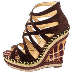 Christian Louboutin Brown Suede Caged Espadrille  Wedge Platform Sandals Size 38