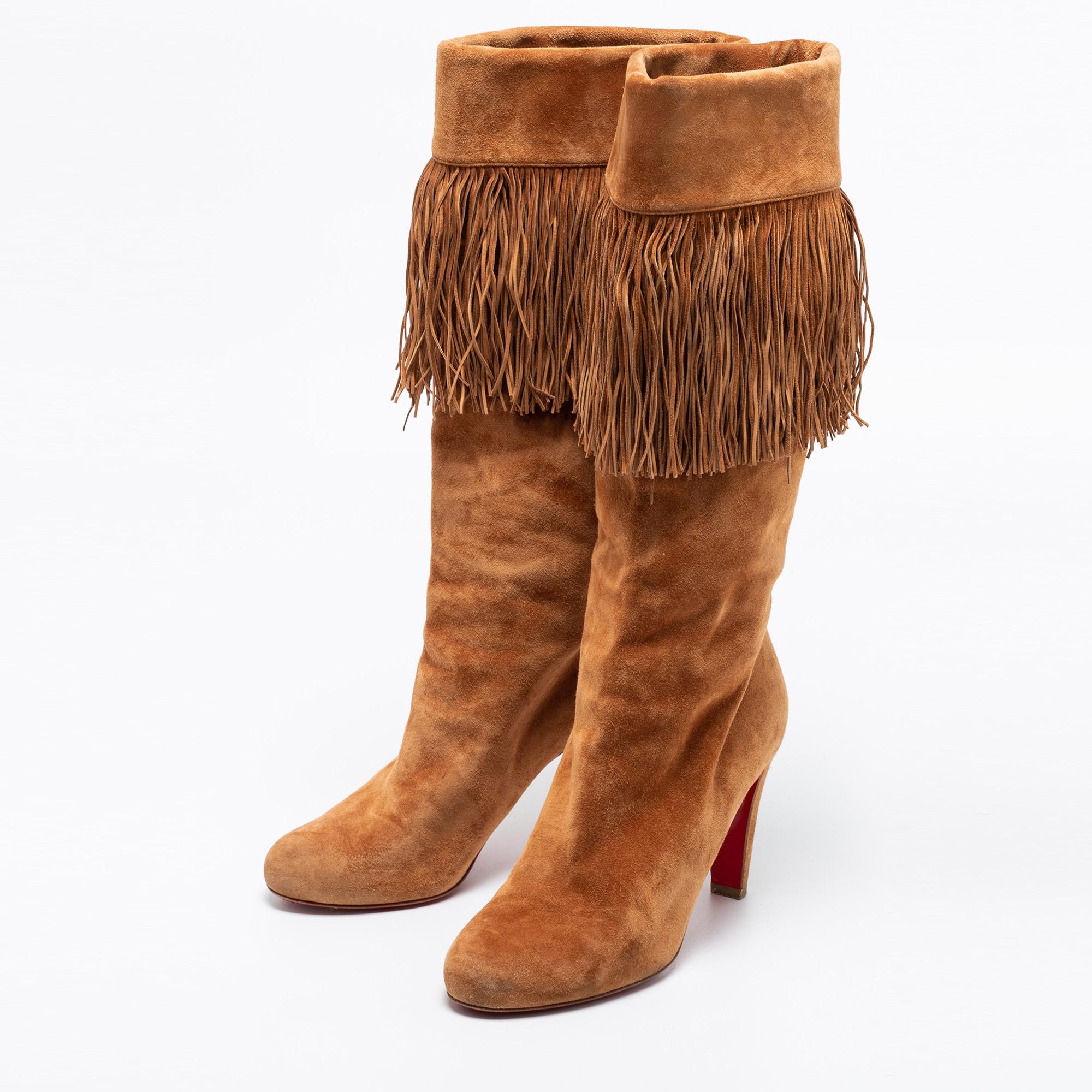 Christian Louboutin Brown Suede Fringe Mid Calf Boots Size 38 1