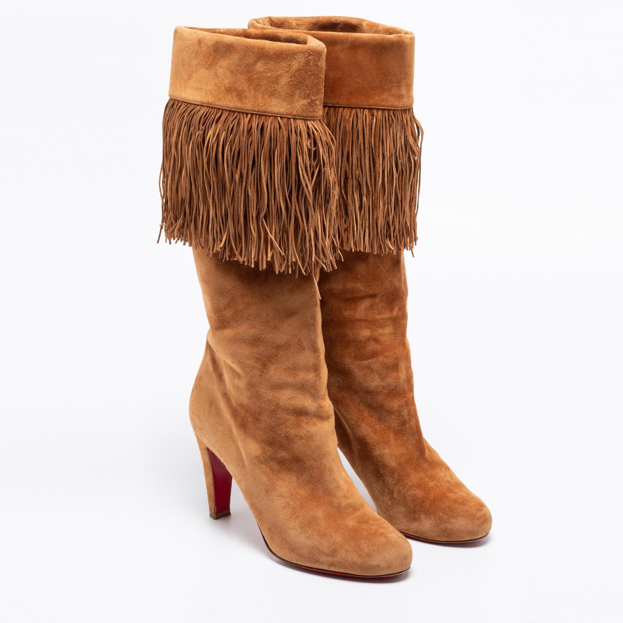 Christian Louboutin Brown Suede Fringe Mid Calf Boots Size 38 2