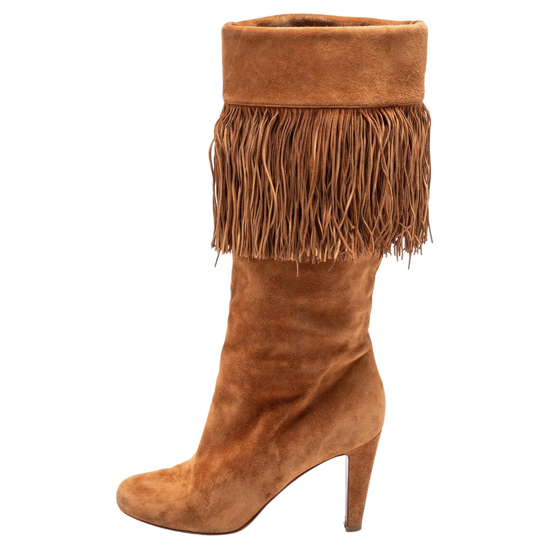 Christian Louboutin Brown Suede Fringe Mid Calf Boots Size 38