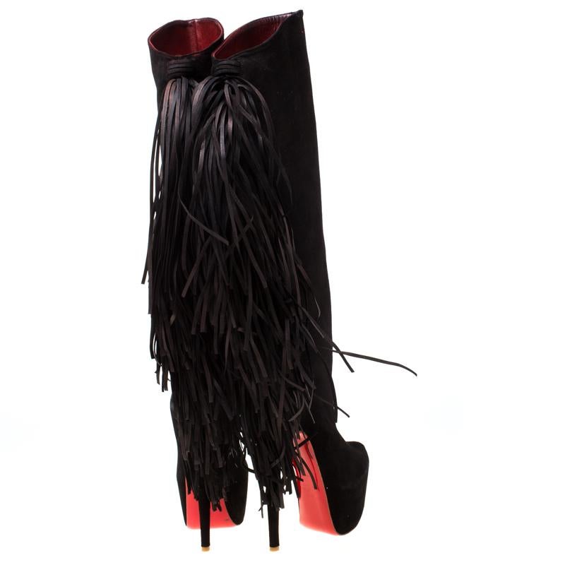Black Christian Louboutin Brown Suede Interlopa Fringe Knee Length Boots Size 37