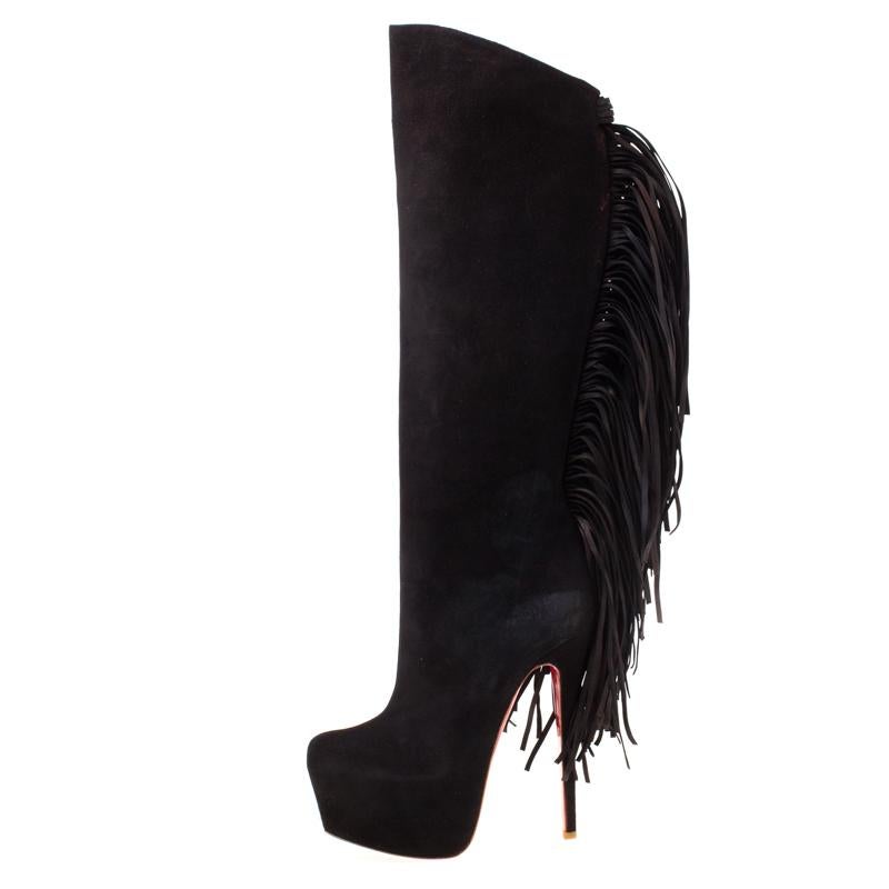 Women's Christian Louboutin Brown Suede Interlopa Fringe Knee Length Boots Size 37