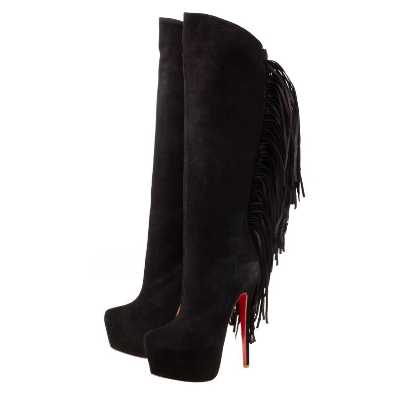 Christian Louboutin Brown Suede Interlopa Fringe Knee Length Boots Size 37 2