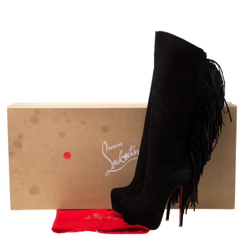 Christian Louboutin Brown Suede Interlopa Fringe Knee Length Boots Size 37 3