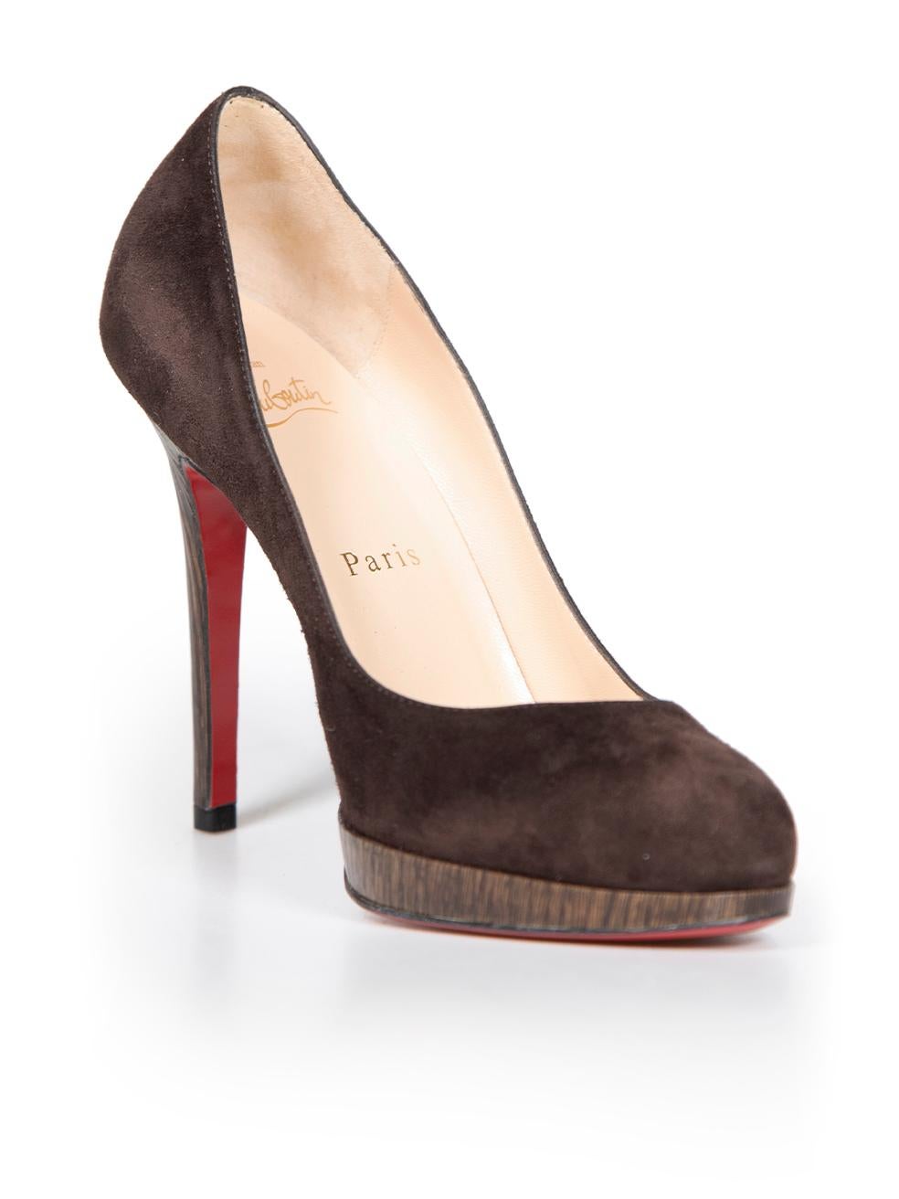 CONDITION is Never worn. No visible wear to heels is evident on this new Christian Louboutin designer resale item.
 
 
 
 Details
 
 
 Brown
 
 Suede
 
 Slip on pumps
 
 Almond toe
 
 High platform heel
 
 Wooden heel
 
 
 
 
 
 Made in Italy
 
 
 

