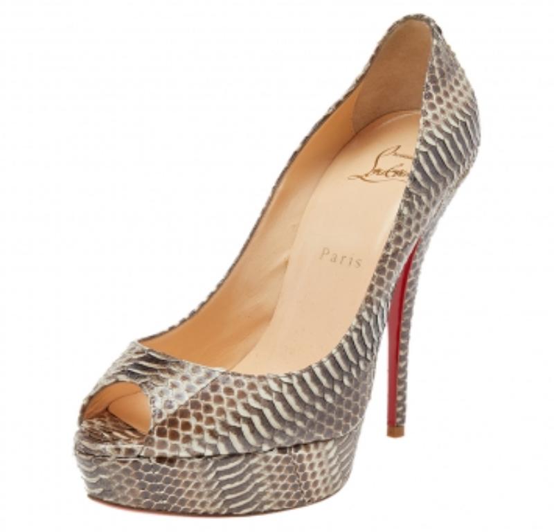 Christian Louboutin Brown Water Snake Lady Peep Toe Platform Pumps Size 38 5