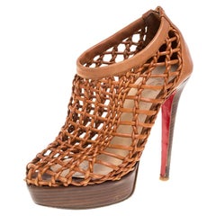 Christian Louboutin Brown Woven Leather 'Coussin 140mm' Booties Size 36