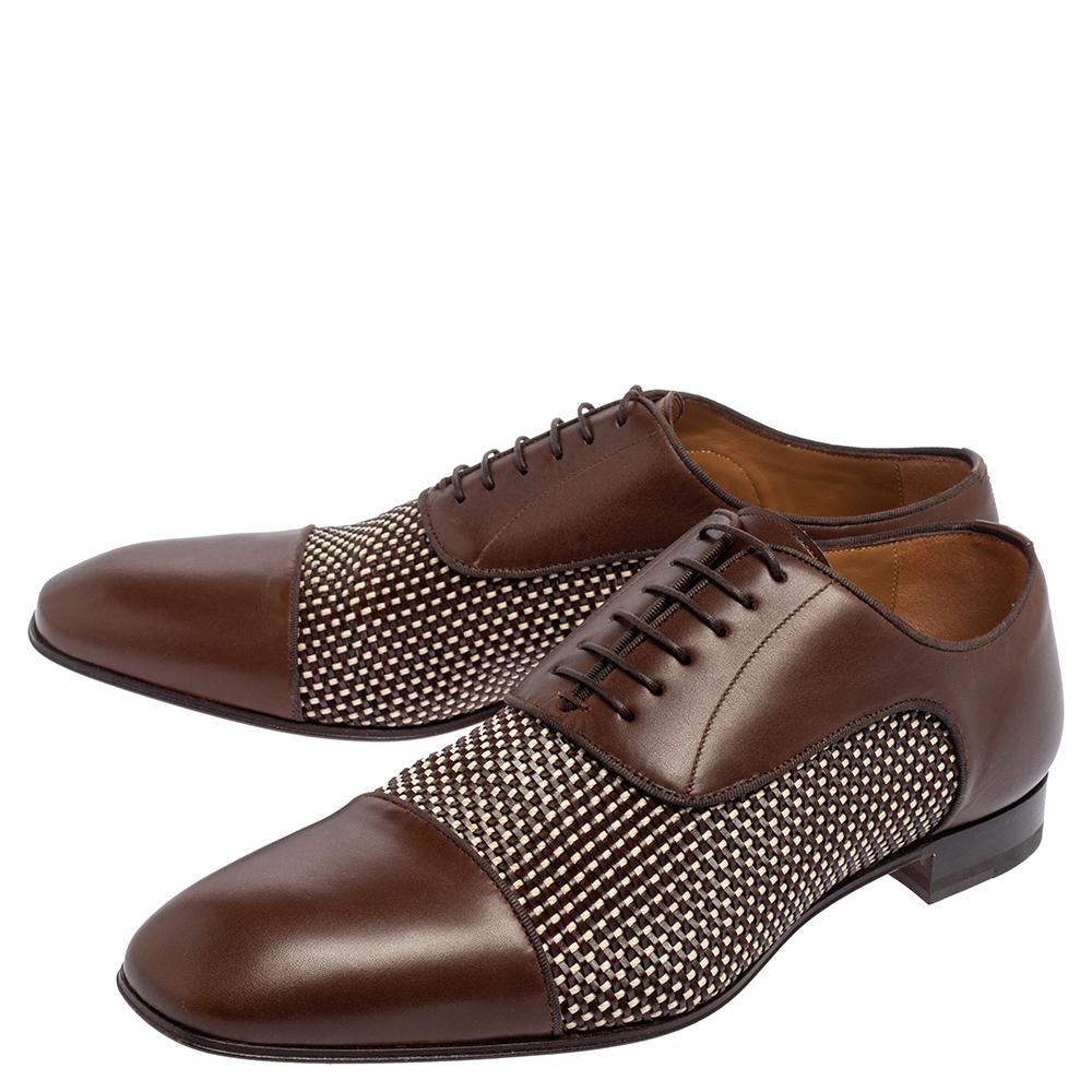 Christian Louboutin Brown Woven Leather Greggo Lace Up Oxford Size 42.5 In Excellent Condition In Dubai, Al Qouz 2