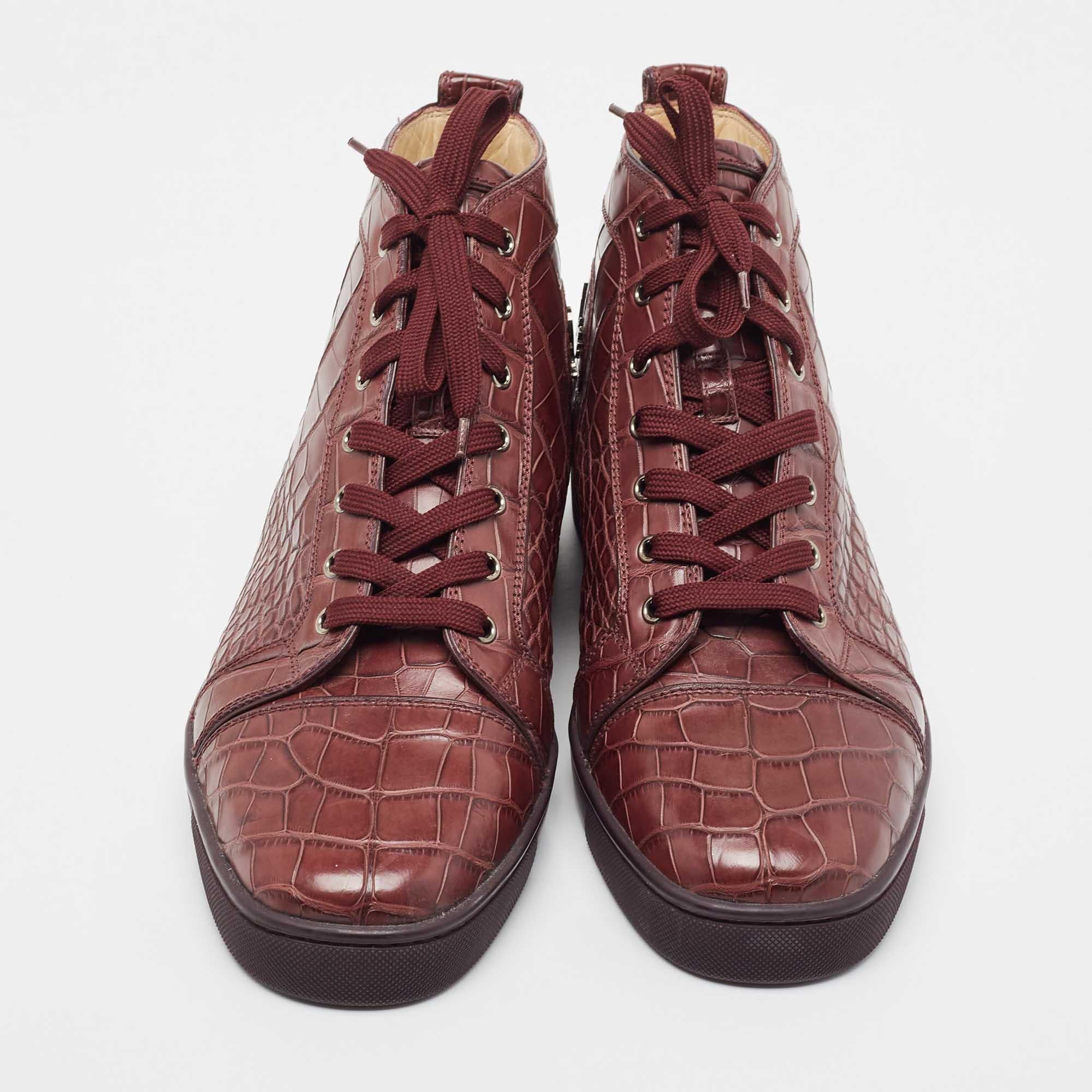 Men's Christian Louboutin Burgundy Crocodile Leather Louis High Top Sneakers Size 46 For Sale