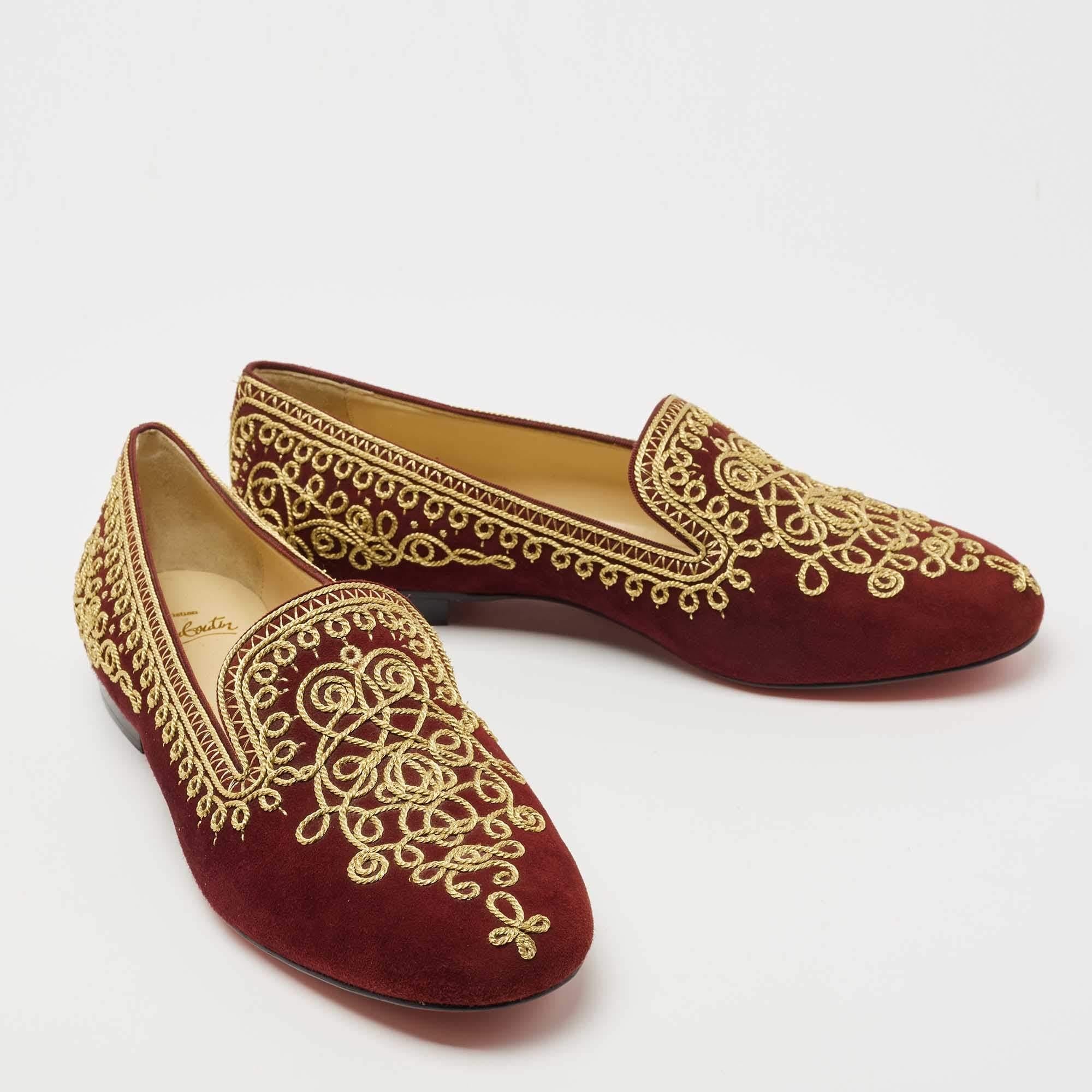 Women's Christian Louboutin Burgundy Embroidered Mamounia Smoking Slippers Size 40.5 For Sale
