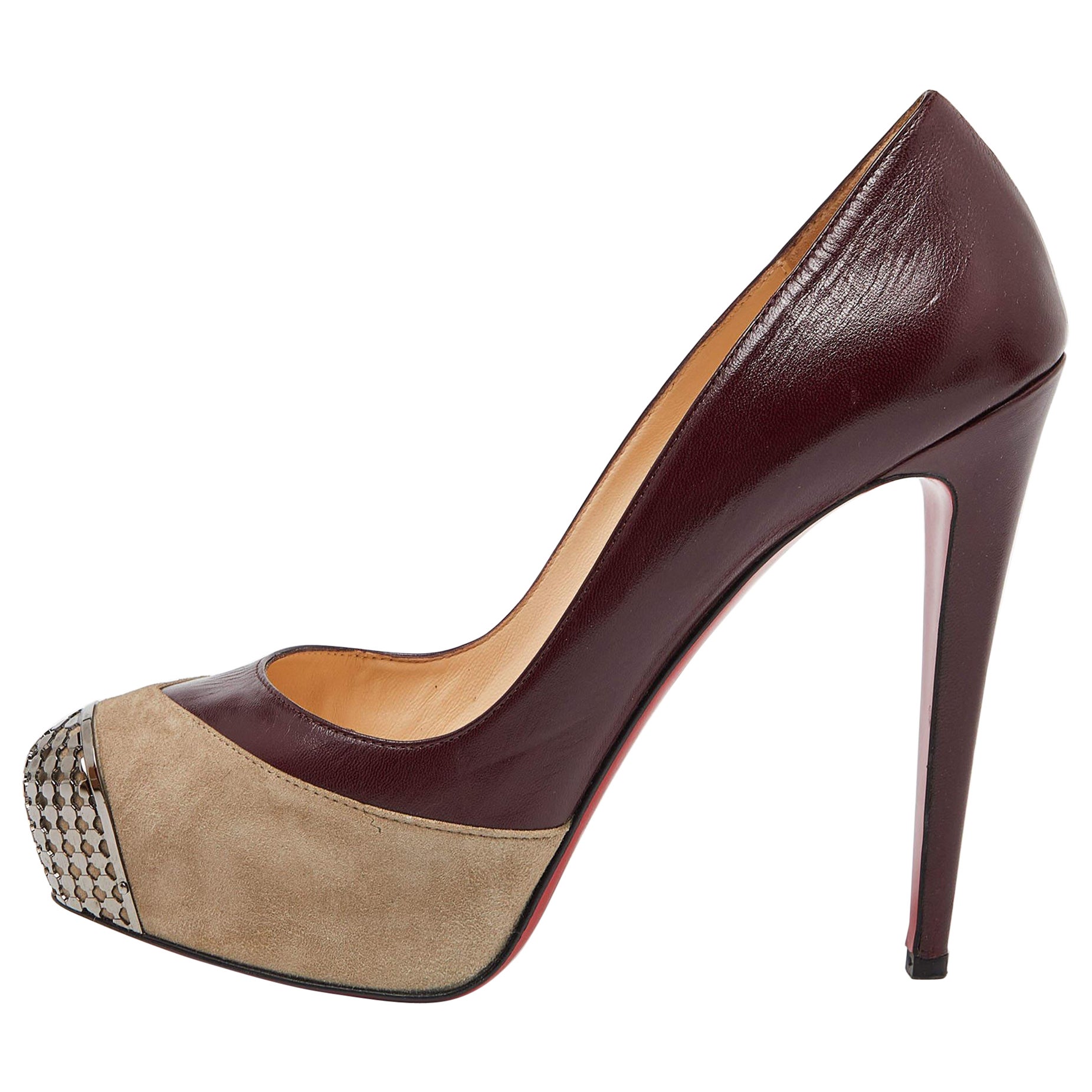 Christian Louboutin Burgundy/Grey Leather and Suede Maggie Pumps Size 40.5