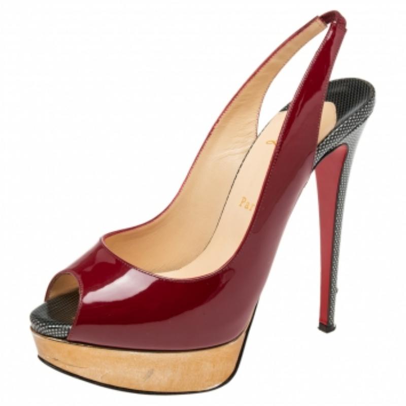 Marron Christian Louboutin Burgundy Leather Lady Peep-Toe Slingback Pumps Size 39.5 en vente