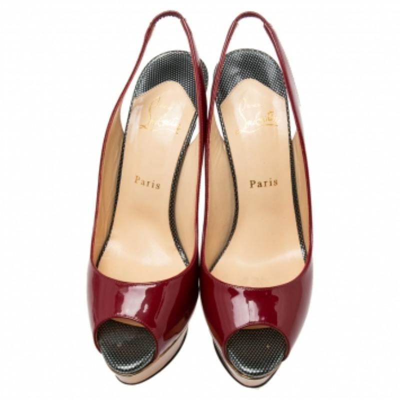 Christian Louboutin Burgundy Leather Lady Peep-Toe Slingback Pumps Size 39.5 en vente 3