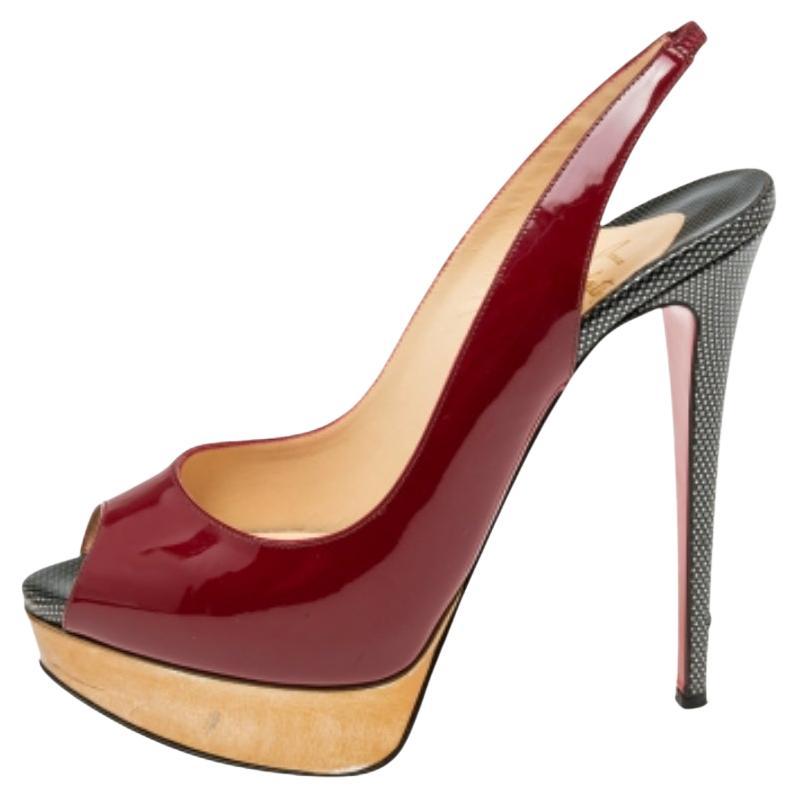 Christian Louboutin Burgundy Leather Lady Peep-Toe Slingback Pumps Size 39.5 en vente