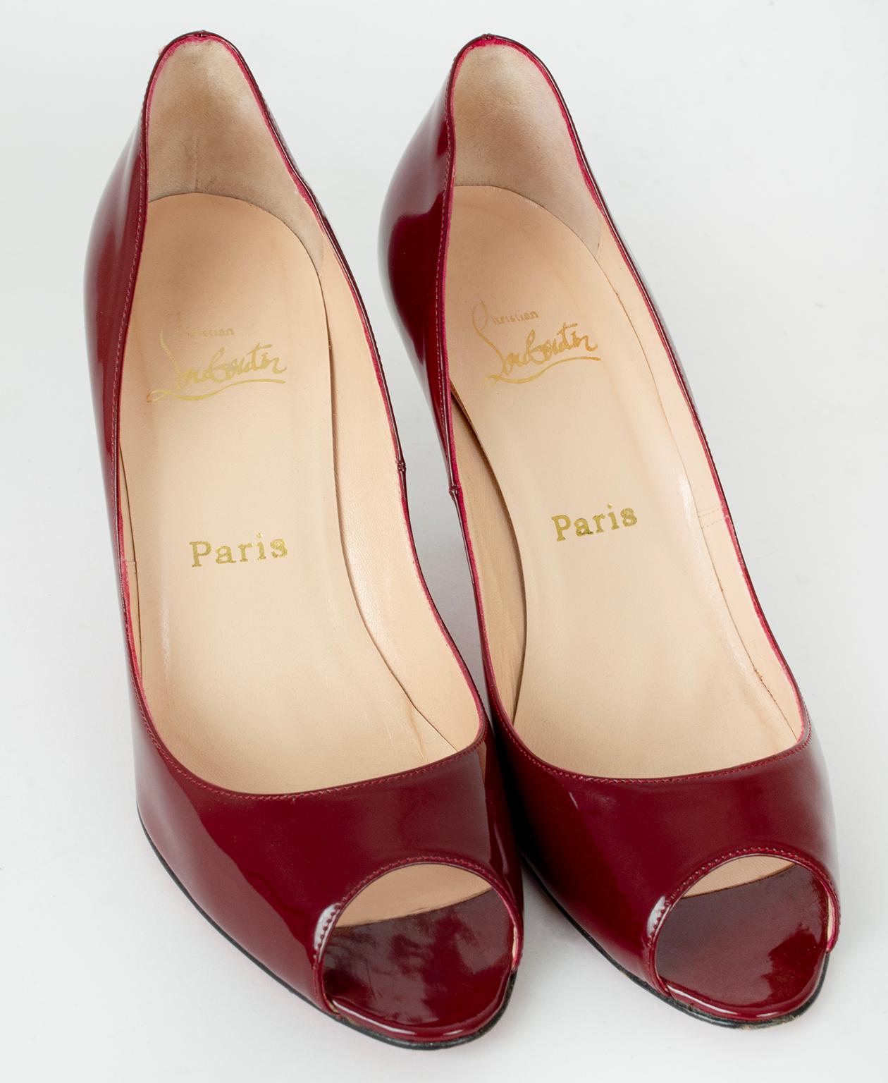 Christian Louboutin Burgundy Patent Clare Peep Toe Stiletto, 80 mm - 39, 2002 For Sale 2