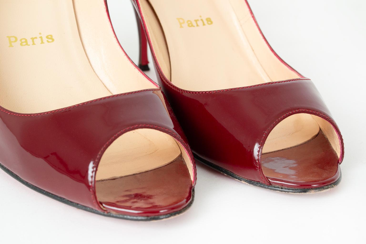 Christian Louboutin Burgundy Patent Clare Peep Toe Stiletto, 80 mm - 39, 2002 For Sale 3