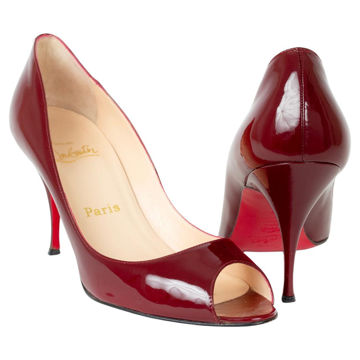 Christian Louboutin Burgundy Patent Clare Peep Toe Stiletto, 80 mm - 39, 2002 For Sale