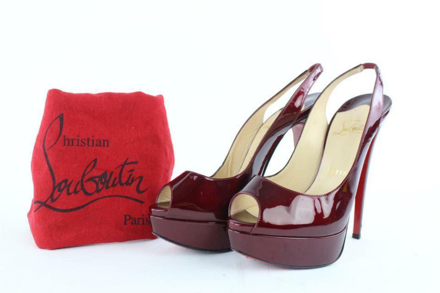 Christian Louboutin Burgundy Patent Lady Peep Sling Back 6CL118 For Sale 7