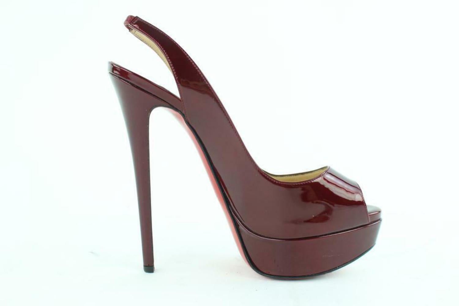Christian Louboutin Burgundy Patent Lady Peep Sling Back 6CL118 In Good Condition For Sale In Dix hills, NY