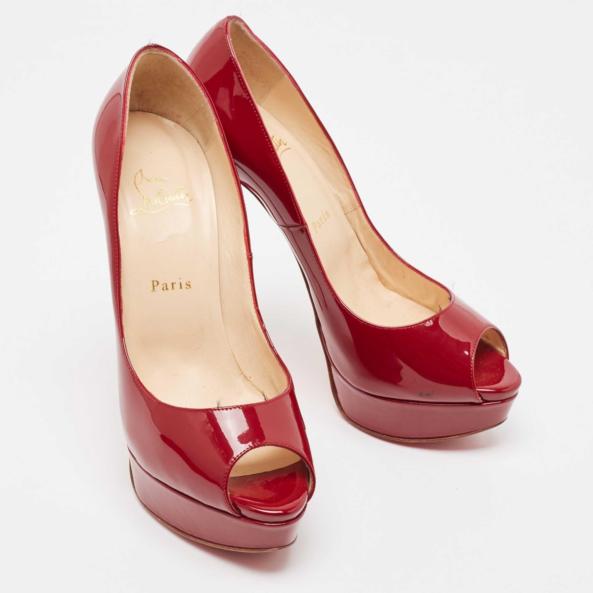 Red Christian Louboutin Burgundy Patent Leather Lady Peep Pumps Size 39.5