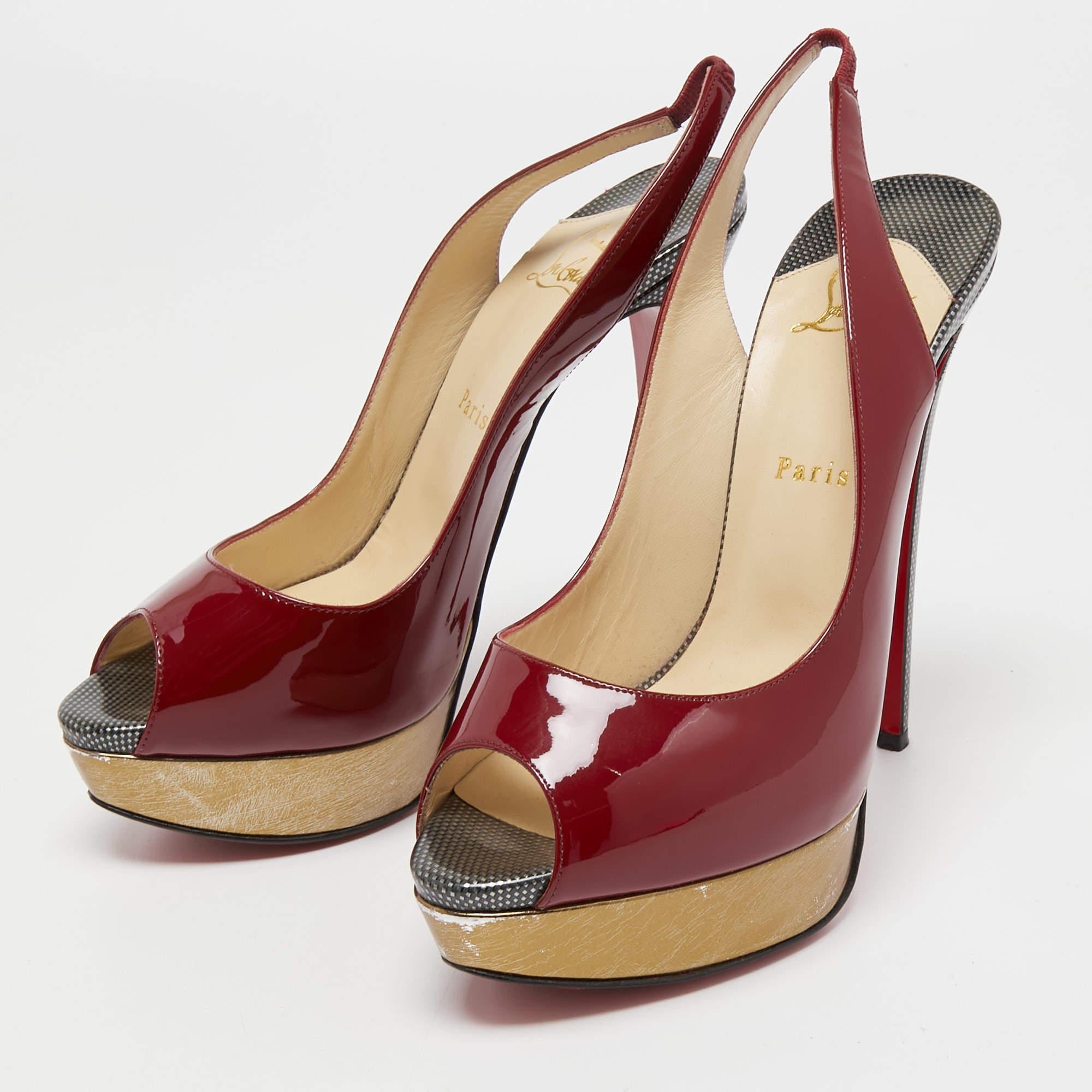 Brown Christian Louboutin Burgundy Patent Leather Lady Peep Slingback Pumps Size 40 For Sale