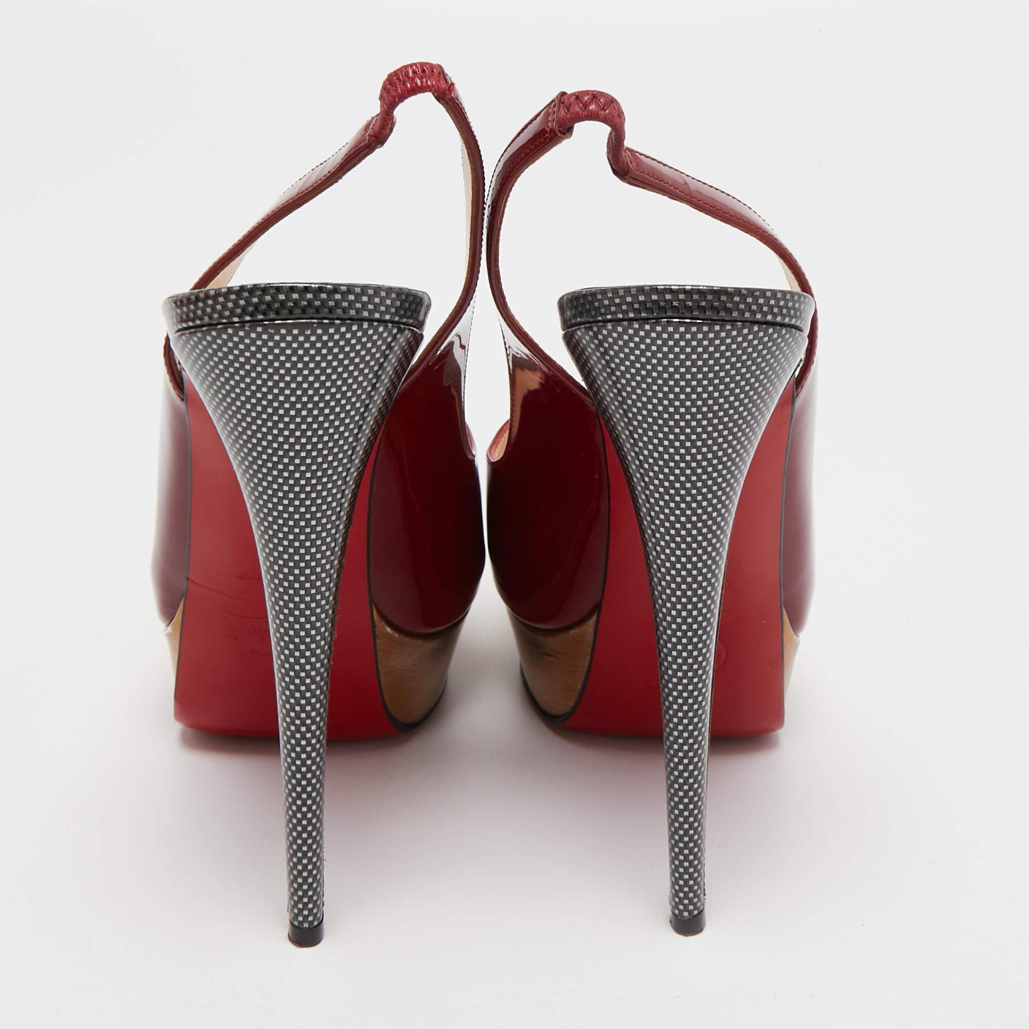 Christian Louboutin Burgundy Patent Leather Lady Peep Slingback Pumps Size 40 In Good Condition For Sale In Dubai, Al Qouz 2