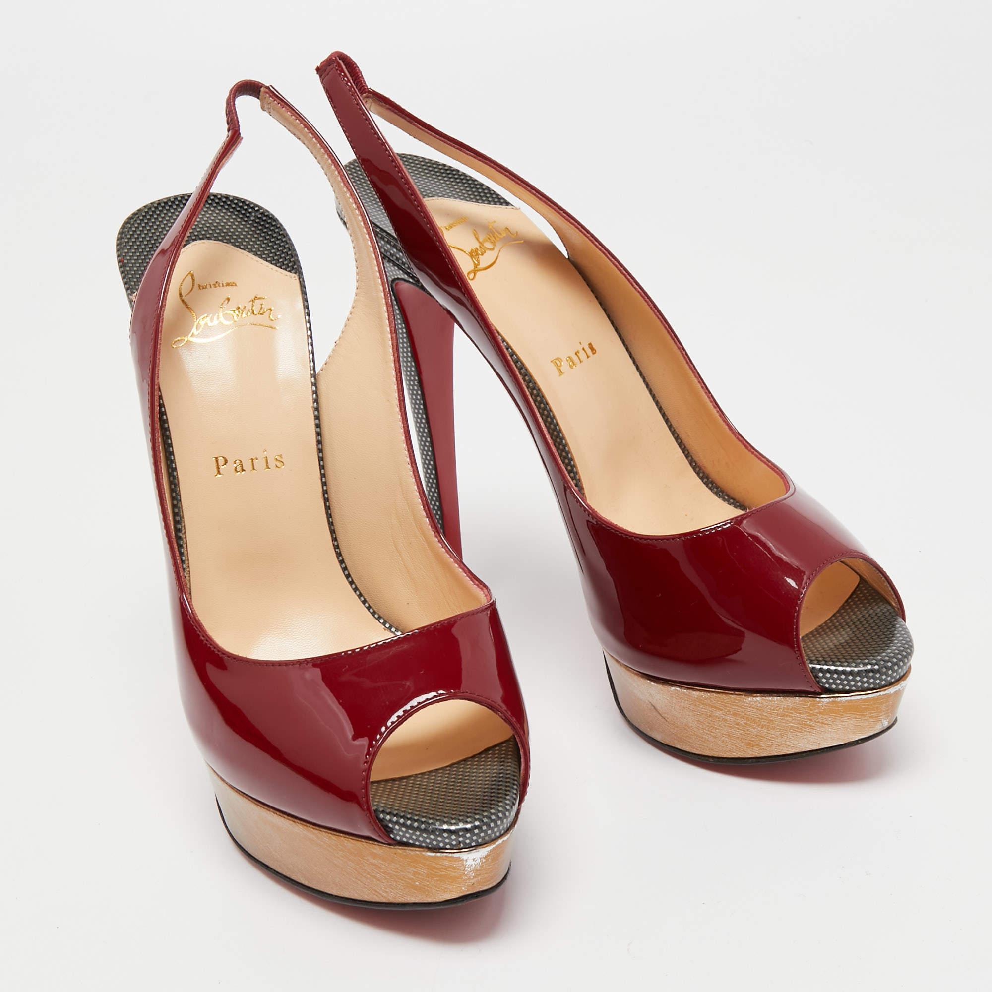 Women's Christian Louboutin Burgundy Patent Leather Lady Peep Slingback Pumps Size 40 For Sale