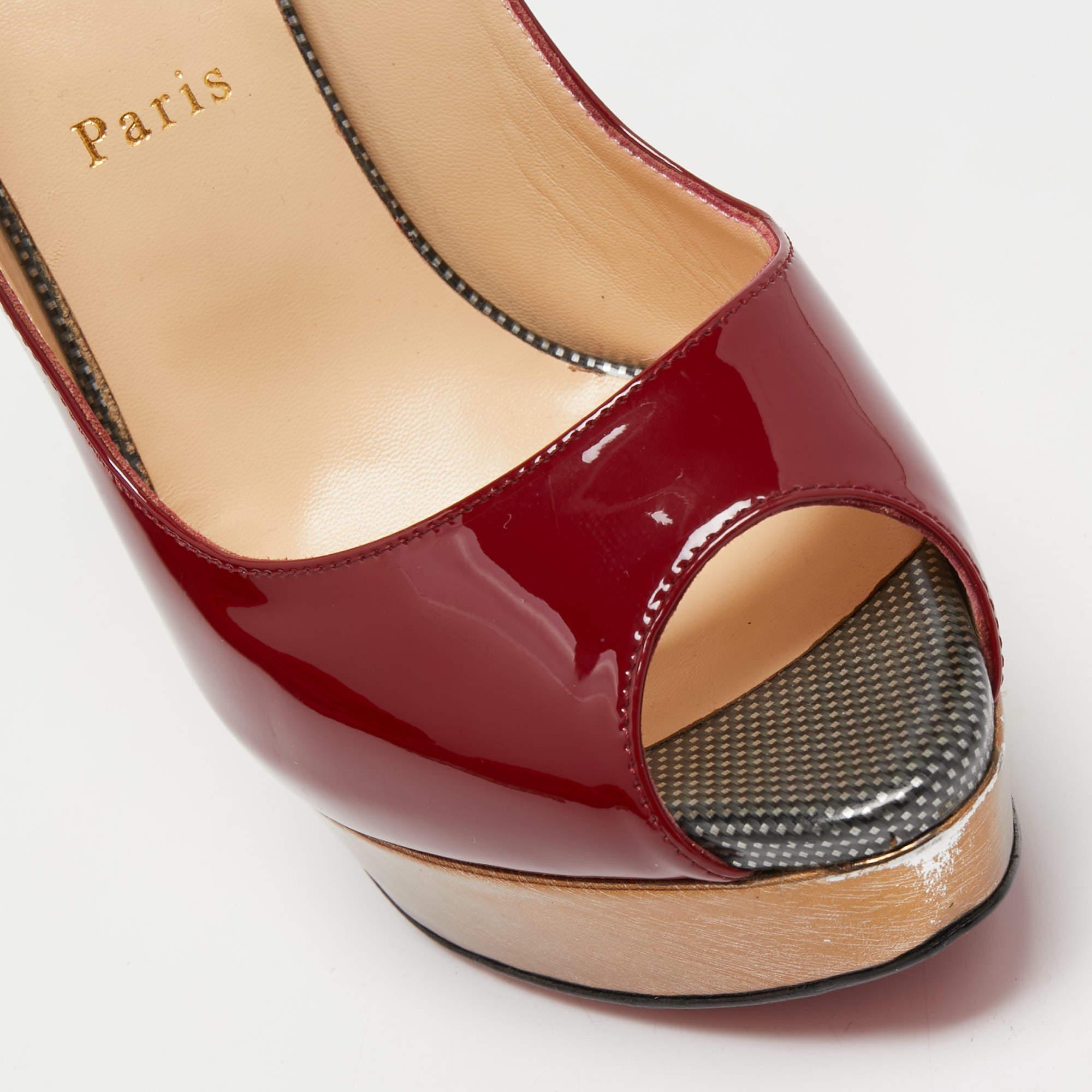 Christian Louboutin Burgundy Patent Leather Lady Peep Slingback Pumps Size 40 For Sale 2