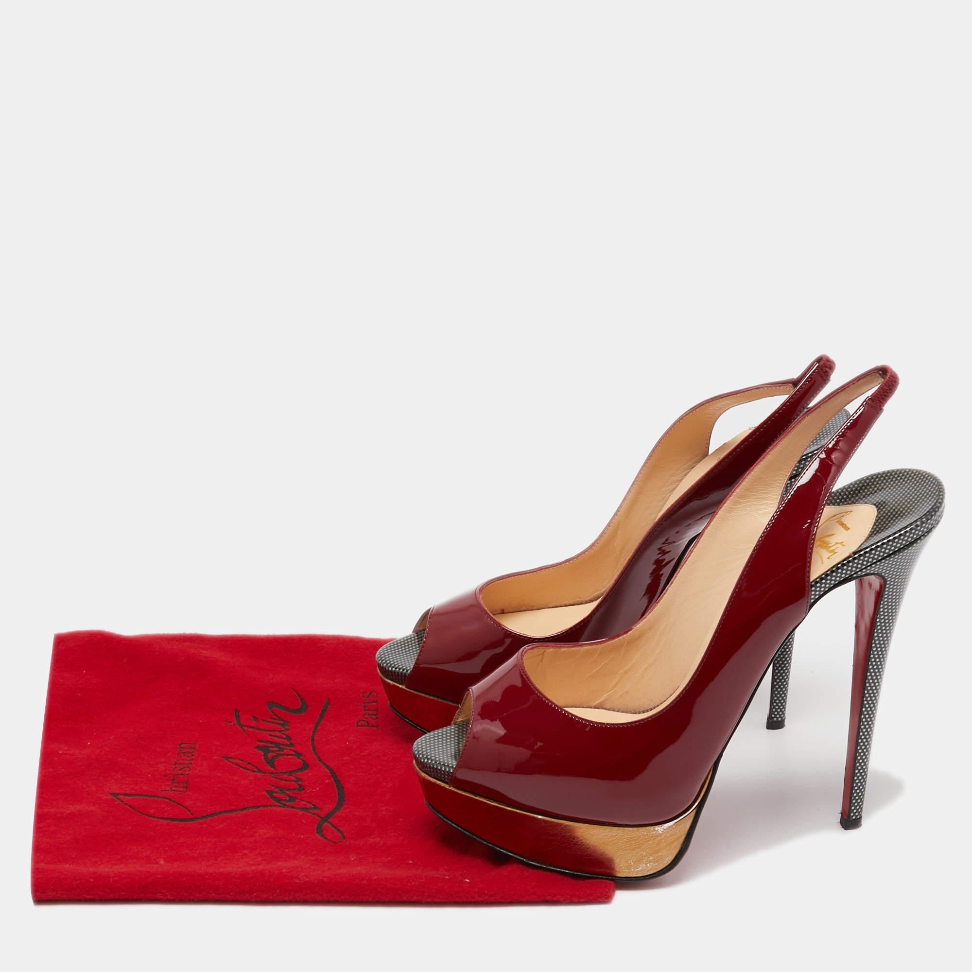 Christian Louboutin Burgundy Patent Leather Lady Peep Slingback Pumps Size 40 For Sale 3