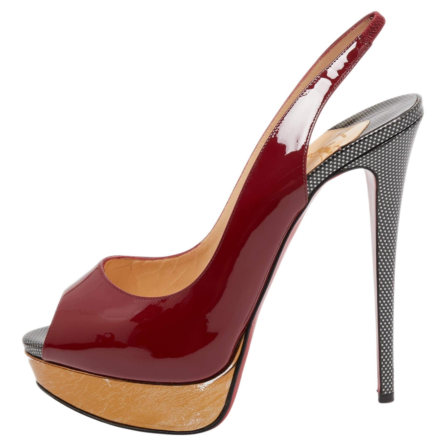 Christian Louboutin Burgundy Patent Leather Lady Peep Slingback Pumps Size 40 For Sale