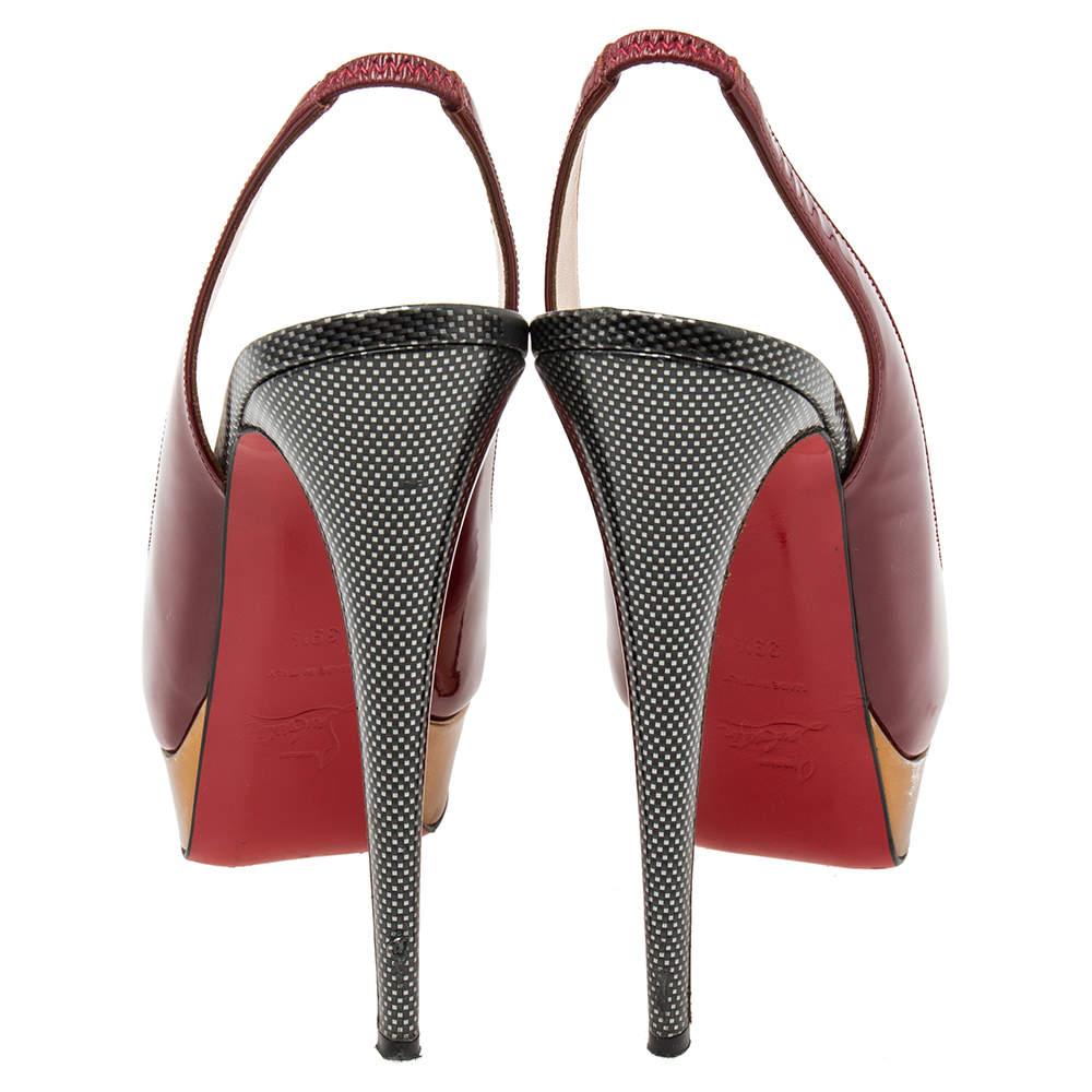 Beige Christian Louboutin Burgundy Patent Leather Lady Peep-Toe Slingback Pumps Size 3 For Sale