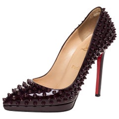 Christian Louboutin Burgundy Patent Leather Pigalle Plato Spikes Pumps Size 37
