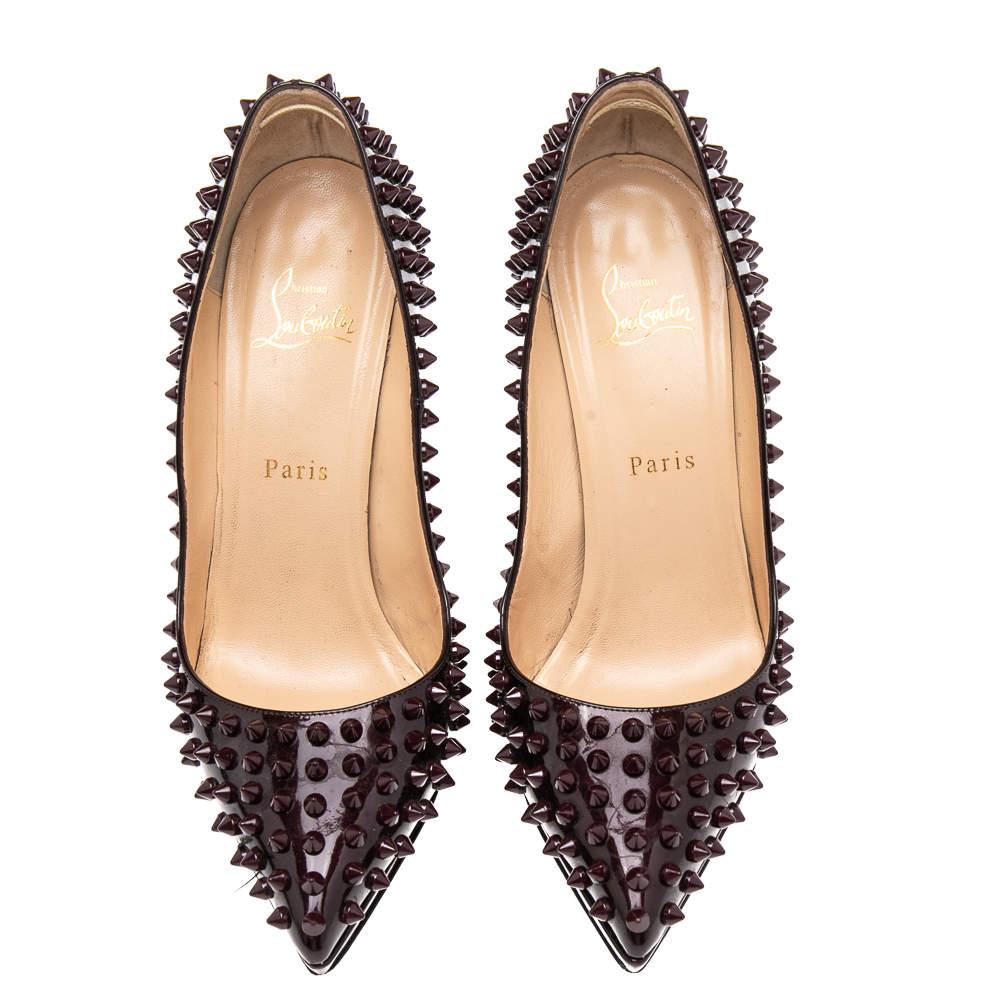 Christian Louboutin Burgundy Patent Leather Pigalle Plato Spikes Pumps Size 38.5 For Sale 1