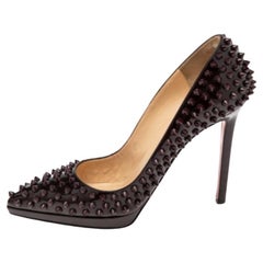 Christian Louboutin Burgundy Patent Leather Pigalle Plato Spikes Pumps Size 38.5