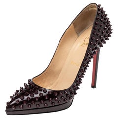 Used Christian Louboutin Burgundy Patent Leather Pigalle Plato Spikes Pumps Size 38.5