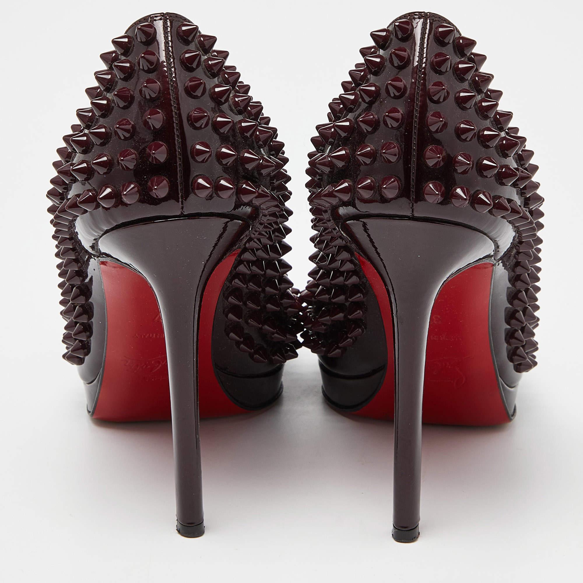 Christian Louboutin Burgundy Patent Leather Pigalle Spikes Pumps Size 37 For Sale 1